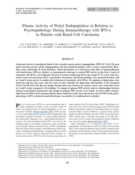 Pdf Plasma Activity Of Prolyl Endopeptidase In Relation To