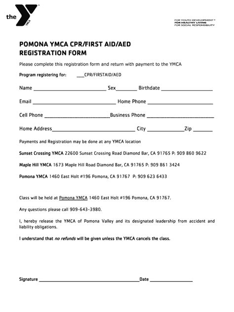 Fillable Online Pomonaymca Pomona Ymca Cprfirst Aidaed Registration