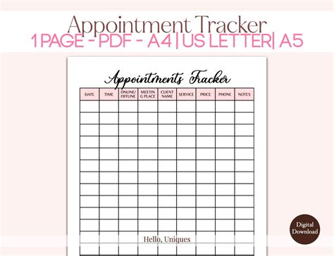 Appointment Tracker Printable Pdf A4 A5 Us Letter 8x10 Appointment