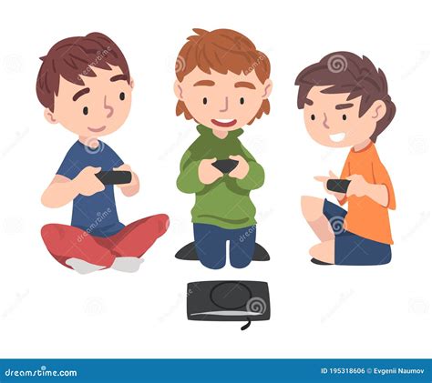 Cute Boys Sitting On Floor Playing Video Game Friends Having Fun