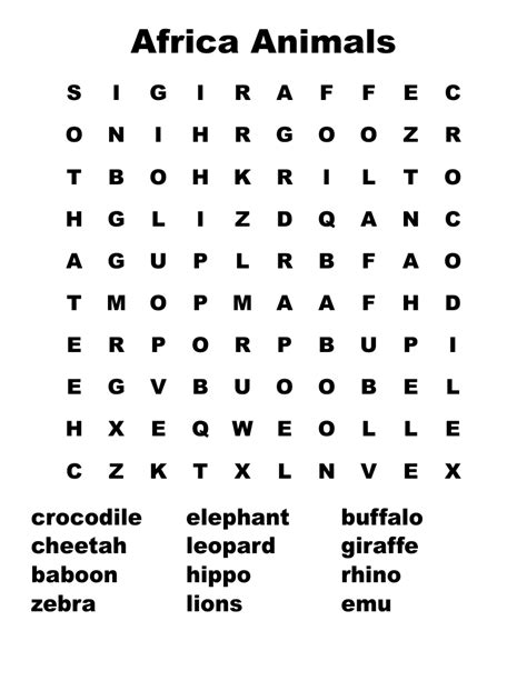 Africa Animals Word Search Wordmint