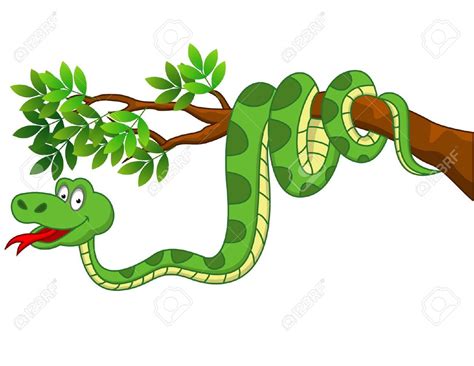 A Green Snake Hanging From A Tree Branch With Leaves On Its Head And