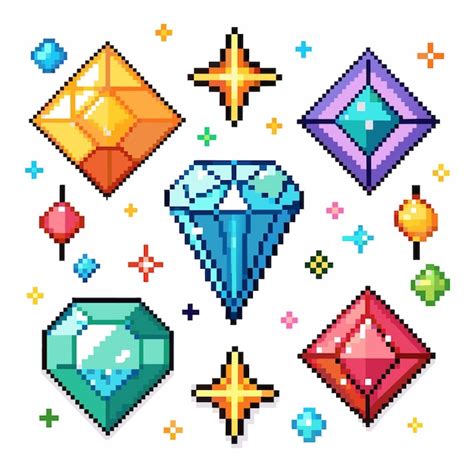 Una colección de gemas y diamantes de colores se muestran en un estilo