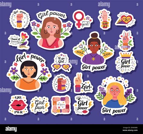 Girl Power Stickers Icon Set Design Of Woman Empowerment Female Feminism And Rights Theme Vector