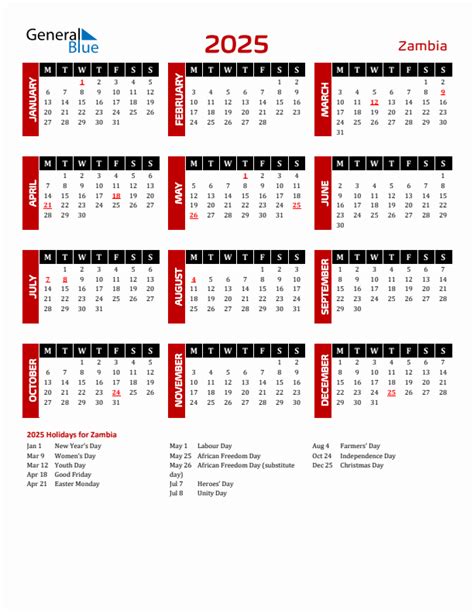 2025 Calendar With Holidays In Zambia Mira Teirtza