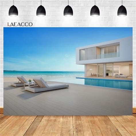 Summer Seaside Modern Villa Backdrop Blue Swimming Pool Sea View Room