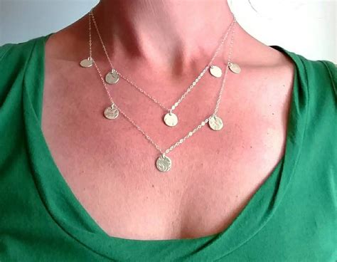 Double Strand Coin Necklace Sterling Silver Circle Layering Necklace