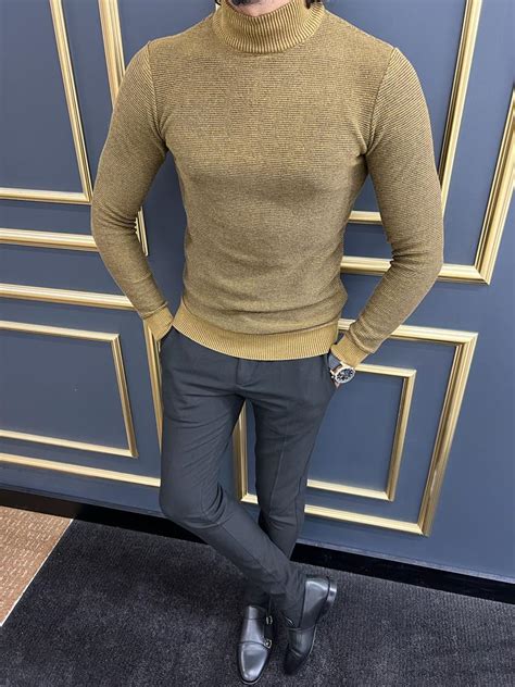 Camel Slim Fit Mock Turtleneck Sweater For Men GentWith