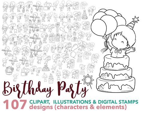 Huge Birthday Digital Stamps Set, Party Digi Stamps, Birthday Clip Art, Party Clipart, Creative ...