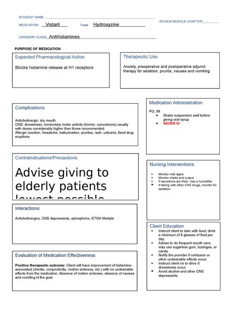 Medication Card Vistaril Student Name Medication Vistaril Trade