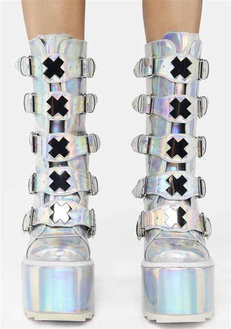 Yru X Buckle Platform Boots Silver Hologram Dolls Kill