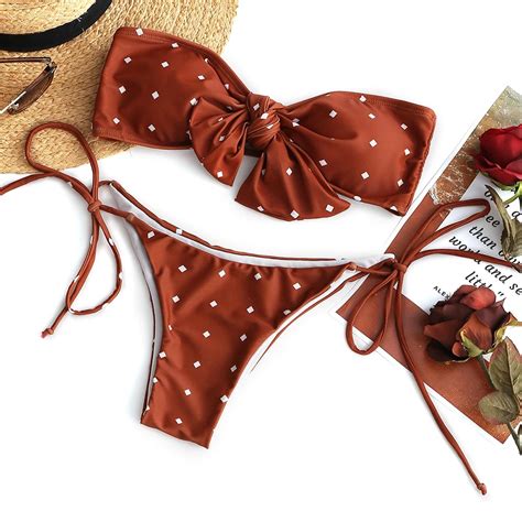 2018 Hot Woman Sex Self Tie Dotted Bandeau Bikini Set Bathers Swimsuit