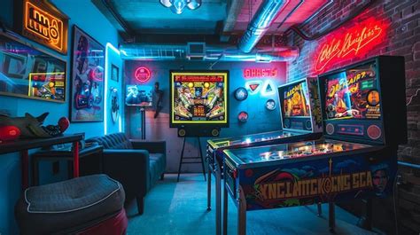 Premium Photo A Retro Arcade With Neon Lights And Vintage Pinball