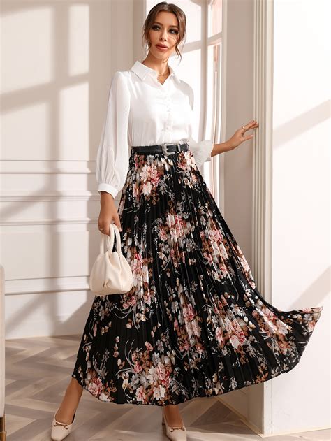 Shein Mulvari Floral Print Belted Pleated Skirt Shein Usa