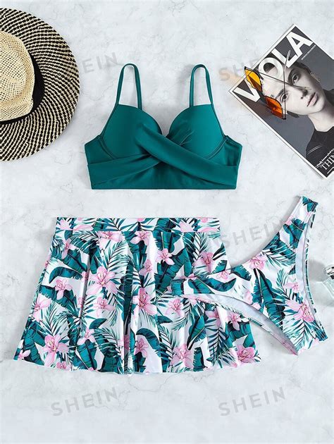 SHEIN Swim 3pack Tropical Print Push Up Bikini Swimsuit Beach Skirt