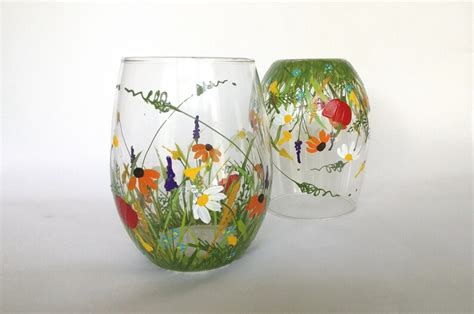 Stemless Wine Juice Water Glasses Hand Painted Wildflower Etsy