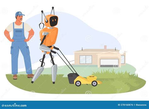 Ai Robot Mowing Grass With Lawn Mower Under Farmer Control Stock Illustration Illustration Of