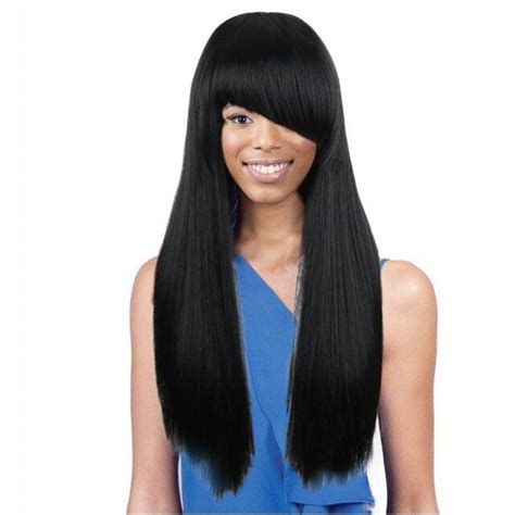 Deyngs Black Long Yaki Straight Side Wigs With Side Bangs Hairstyle Synthetic Wig For Woman Can