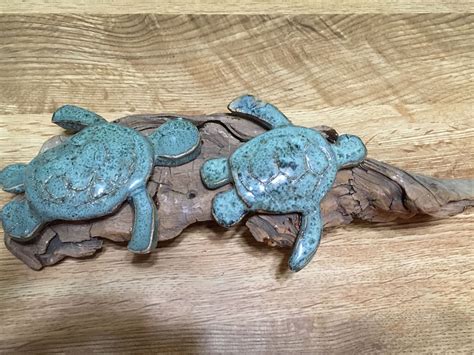 Ceramic Sea Turtles On Driftwood