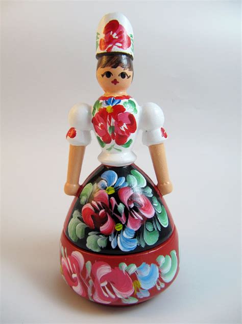 Hungarian Traditional Folk Art Hand Painted Tole Wooden Doll Trinket