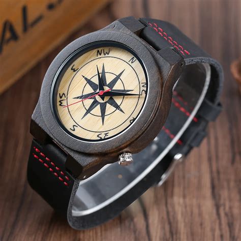 Mens Fashion Black Wooden Watch Creative Compass Dial Nature Sandalwood Minimalist Analog