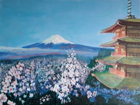 Mount Fuji and Cherry Blossom. A Painting by Stanley Port