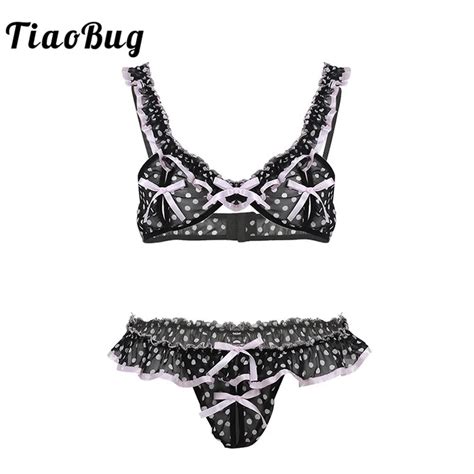 TiaoBug Men Sexy Crossdressing Sissy Lingerie Set Chiffon Frilly Ruffle