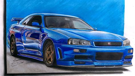 Nissan Skyline R34 drawing with pencil & watercolors | Skyline drawing ...