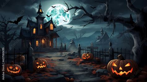 Halloween Background With Scary Pumpkins And House Haunted In A Dark