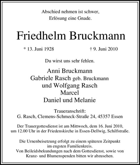 Traueranzeigen Von Friedhelm Bruckmann Trauer In Nrw De