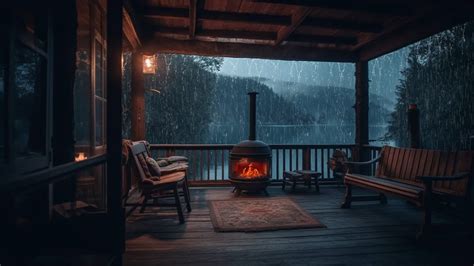 Cozy Balcony With The Sound Of Heavy Rain And Crackling Fire Sleep