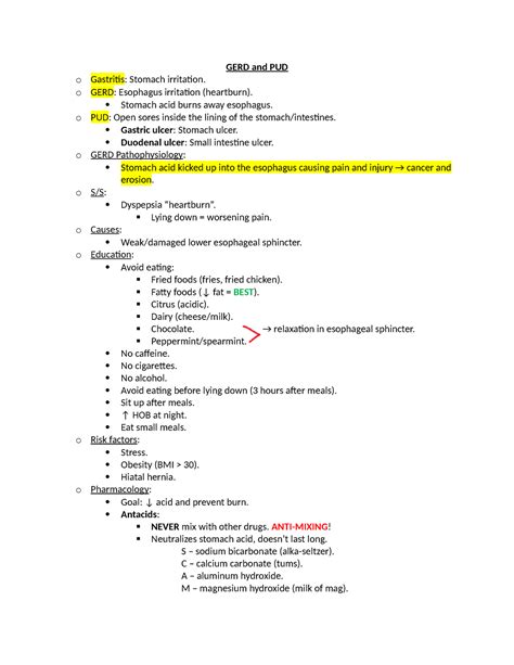 Notes Exam Summary Gerd And Pud O Gastritis Stomach Irritation O