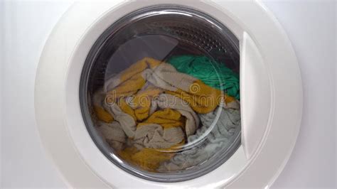 Washing Machine With Dirty Clothes Inside Front View Ashing Things In