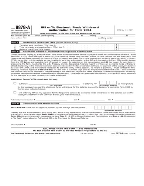 Form 8878 A Irs E File Electronic Funds Withdrawal Authorization For