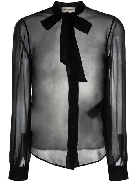 Saint Laurent Pussy Bow Sheer Blouse Black Editorialist