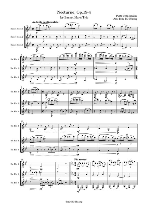 Nocturne Op19 No4 For Basset Horn Trio Arr Tony Bc Huang By P Tchaikovsky Sheet Music For