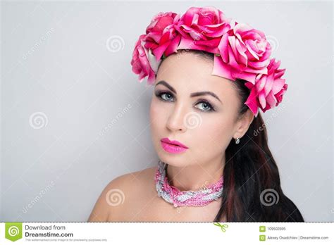 Woman Pink Flower Wreath Bright Make Up Stock Image Image Of Female