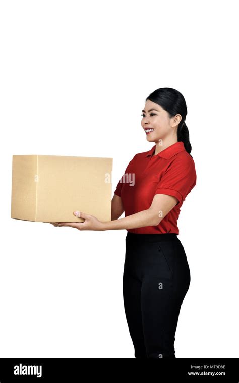 Images Of Asian Female Courier With Cardboard Boxes Posing Isolated