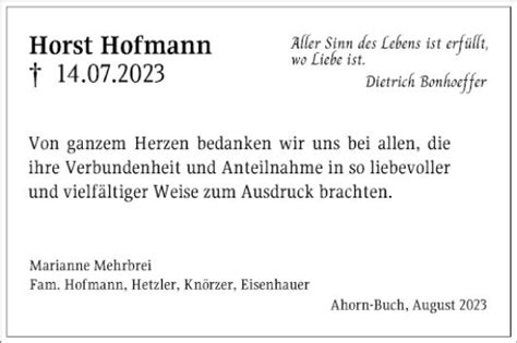 Traueranzeigen Von Horst Hoffmann Trauerportal Ihrer Tageszeitung