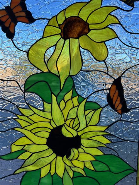 Sunflower Butterfly And Bumblebee Stained Glass Window Panel