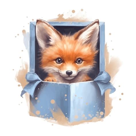 Dessin Anim Mignon Renard Avec Bo Te Cadeau Dans Un Style De Peinture