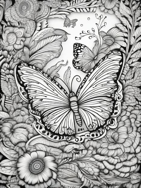 Premium Ai Image Coloring Page For Adults Floral Butterflies