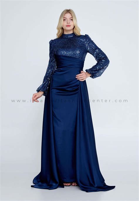 Favella Long Sleeve Maxi Satin Column Regular Navy Wedding Guest Dress