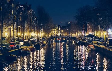 Wallpaper river, boat, Amsterdam, river, Amsterdam, boat, night view ...