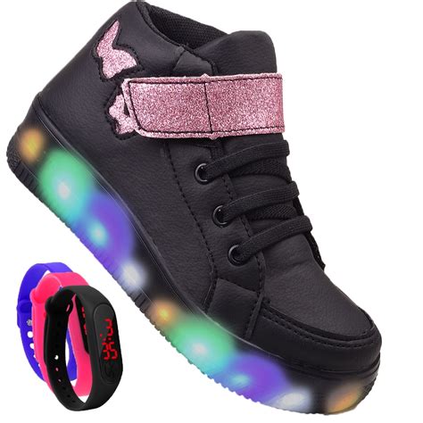 Kit Botinha Feminino De Led Infantil Menina Borboleta Preto Glitter