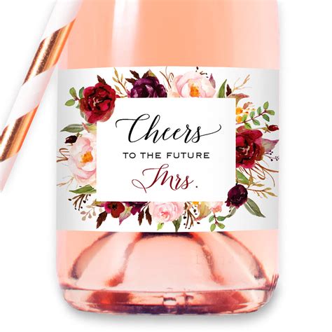 Set Of 12 Burgundy Pink Floral Bridal Shower Mini Champagne Bottle Labels