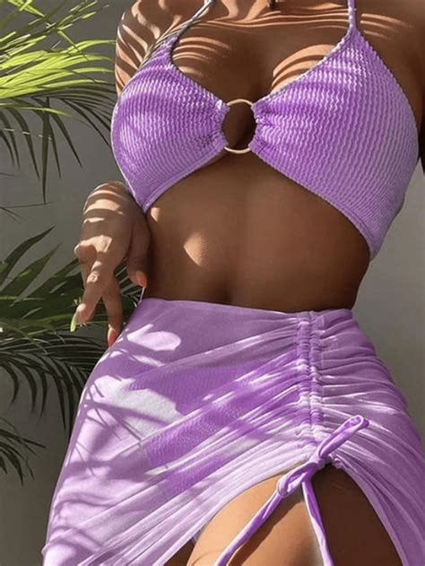 Solid Ring Linked Halter Bikini Swimsuit Beach Skirt SHEIN USA