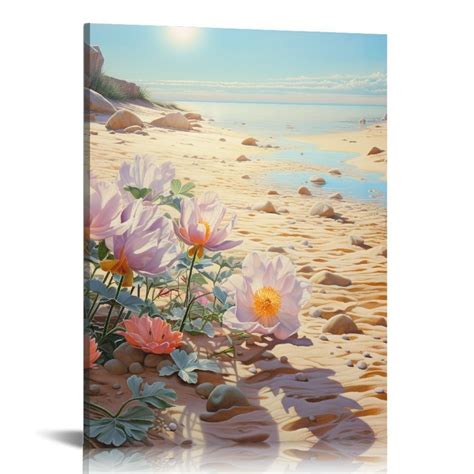 COMIO Bathroom Canvas Wall Art Flowers Theme Beach, Modern Wall Decor ...