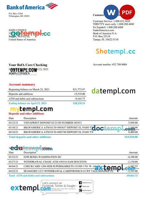 Doctempl Usa Bank Of America Banking Statement Template In Word And Pdf Format Version 4 Page 1