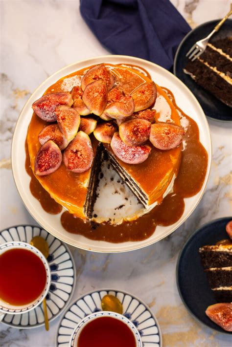 Devils Food Cake With Hazelnut Buttercream Caramel And Figs